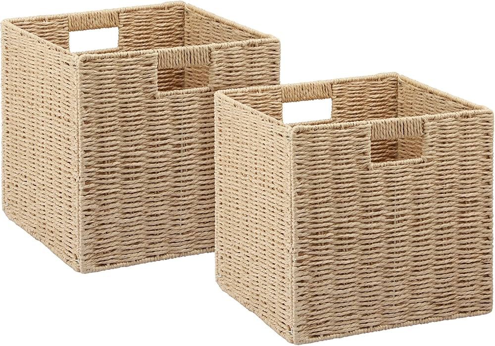 2 Pack Wicker Baskets, Graciadeco Hand-Woven Paper Rope Storage Baskets Woven, Foldable Cubby Sto... | Amazon (US)