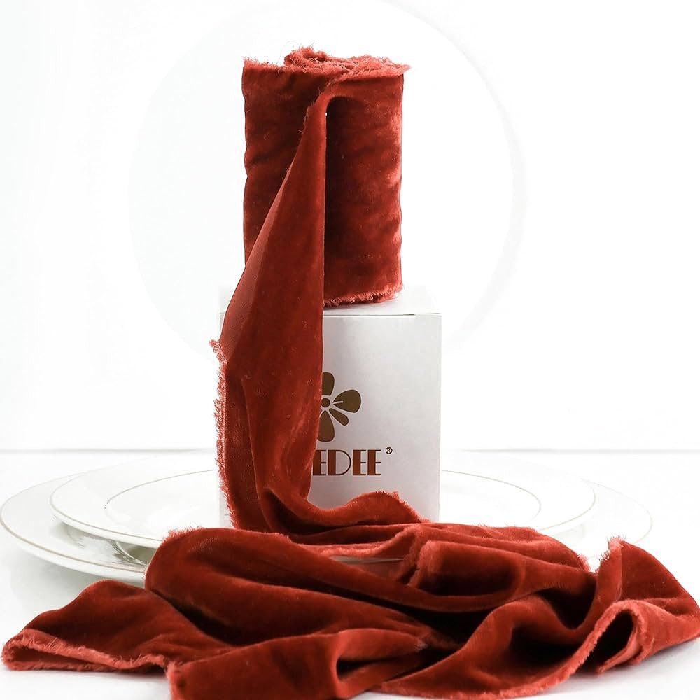 MEEDEE Rust Velvet Ribbon - 3 Inch Fringe, Raw Edge, Silk Velvet for Wreaths, Flower Bouquet, Dre... | Amazon (US)
