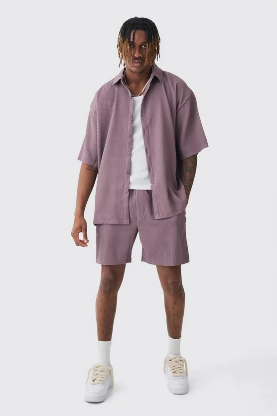 Tall Oversized Short Sleeve Pleated Shirt & Short Set In Mauve | boohooMAN (US & Canada)