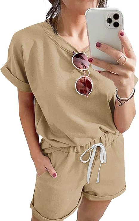 ANRABESS Women's Summer Two Piece Lounge Sets Outfits Short Sleeve Crew Neck Loungewear Pajamas S... | Amazon (US)