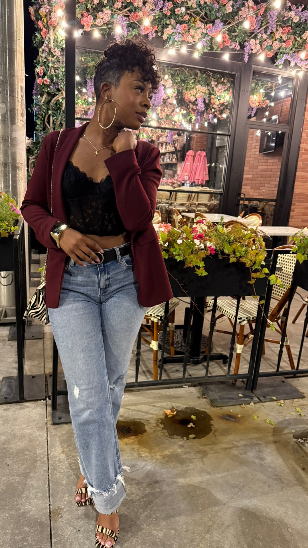 Casual boss chic! This burgundy blazer, black lace crop top, & high waisted cut denim jeans, plus statement zebra heels that you can wear all night! 🔥