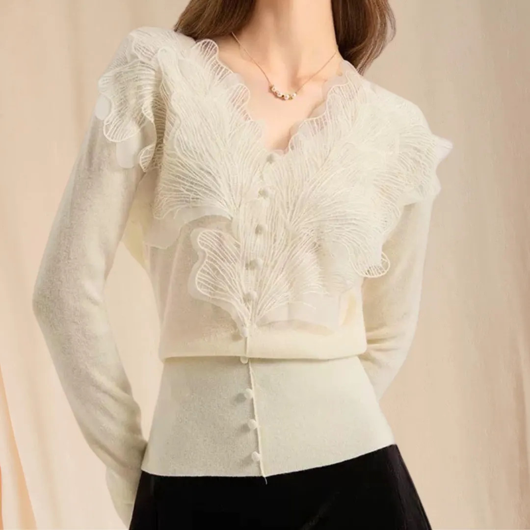 White Merino Wool Sweater: Vintage V-neck Ruffled Knit Top - Etsy | Etsy (US)