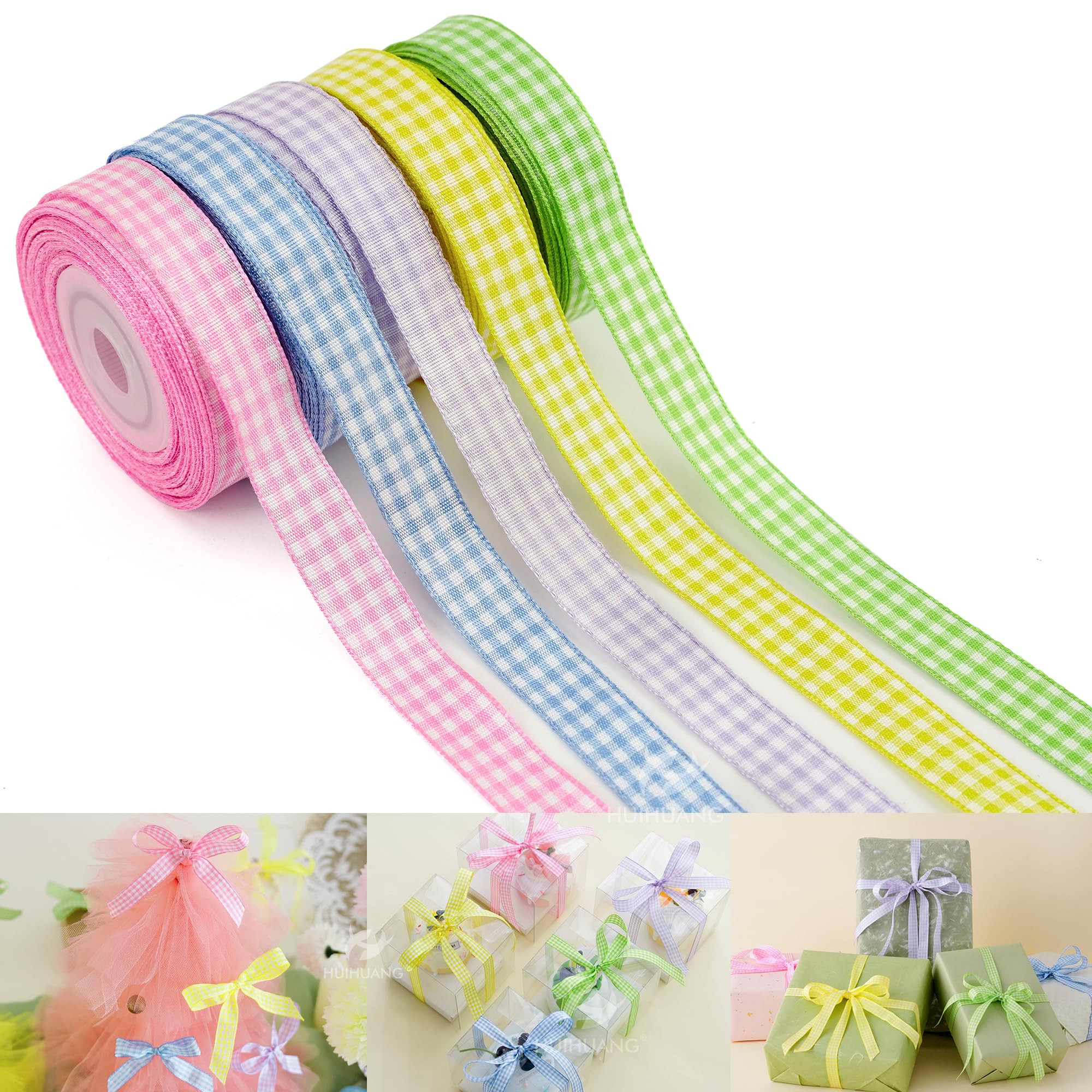 HUIHUANG Gingham Ribbon 1/2 inch x 5 Rolls Easter Buffalo Plaid Ribbon 50 Yards Pink/Blue/Lt.Purp... | Amazon (US)