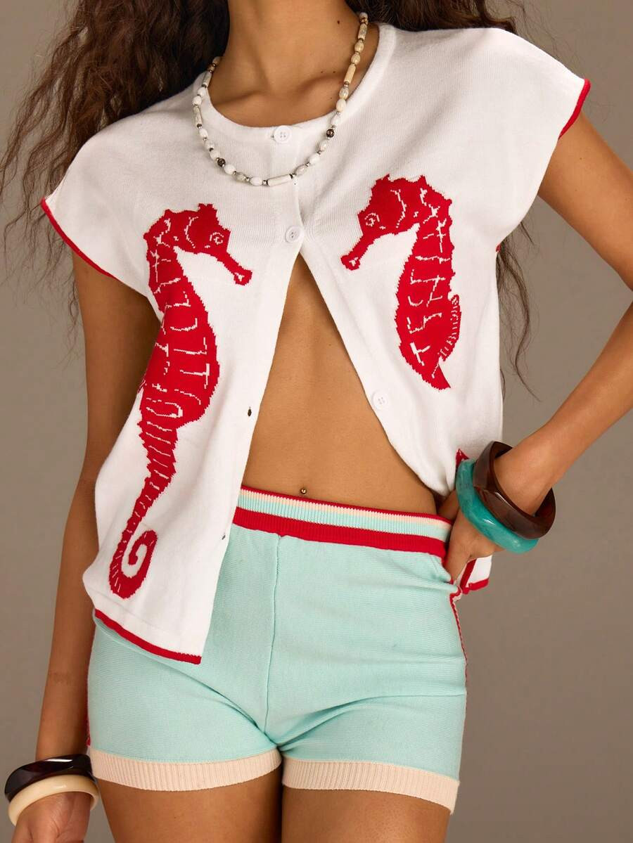 Athîral Women's Casual Vacation Knitted Seahorse Print Short Sleeved Top And Shorts 2-Piece ... | SHEIN