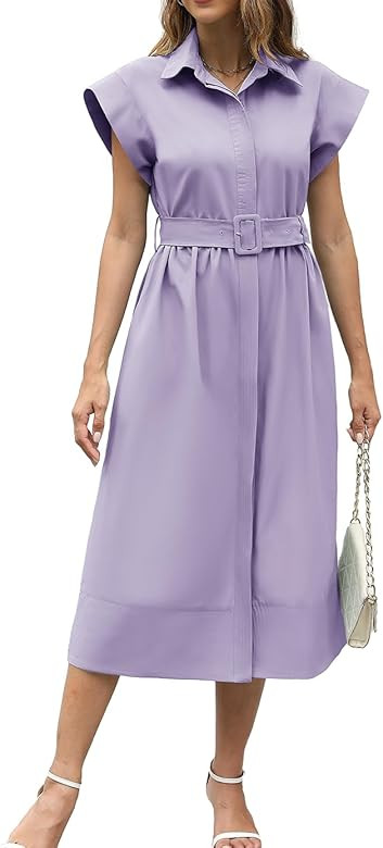 Haellun Women's Elegant Dress Classy Turn Down Collar Shirt Dress with Belt Short Wing Sleeve Tre... | Amazon (US)