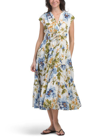 Floral Cinched Waist Tiered Midi Dress | TJ Maxx