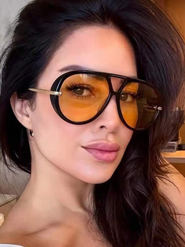 New Retro Double Beam Metal Oversized Frame Oversized Fashionable Glasses, Suitable For Men And Women, Daily Wear, Street Style, Outdoor, Party, Unique Oval Fashion Decoration Glasses, Fashionable Glasses For Women's Sunshade Beach Accessories Retro Y2k Summer Beach Vacation, Outdoor, Travel, Essential Items For Festivals | SHEIN