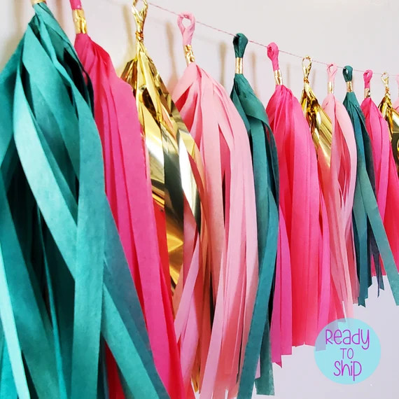 Flirty Flamingo Paper Tassel Garland Teal Pink Blush Gold | Etsy | Etsy (US)