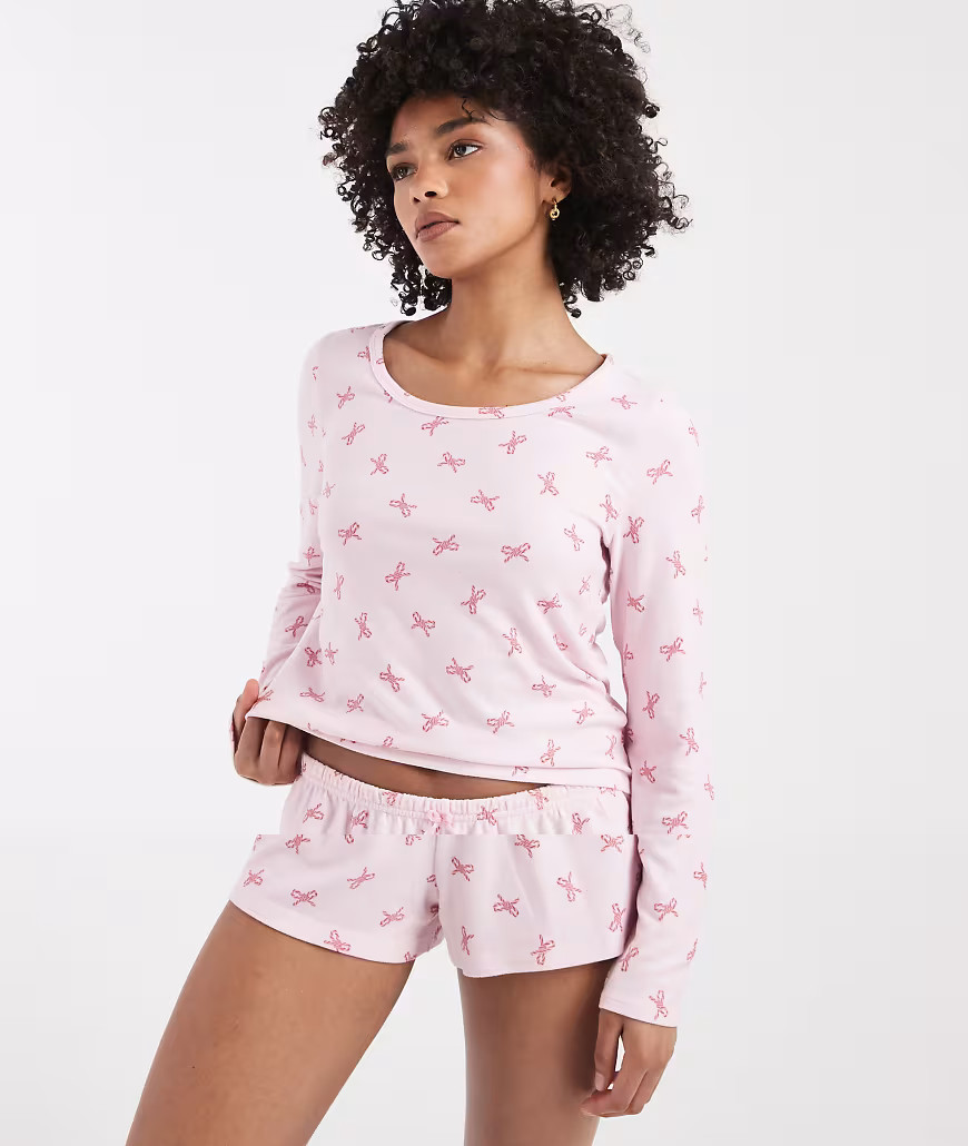 Hollister long sleeve and shorts pyjama set in pink bow | ASOS (Global)