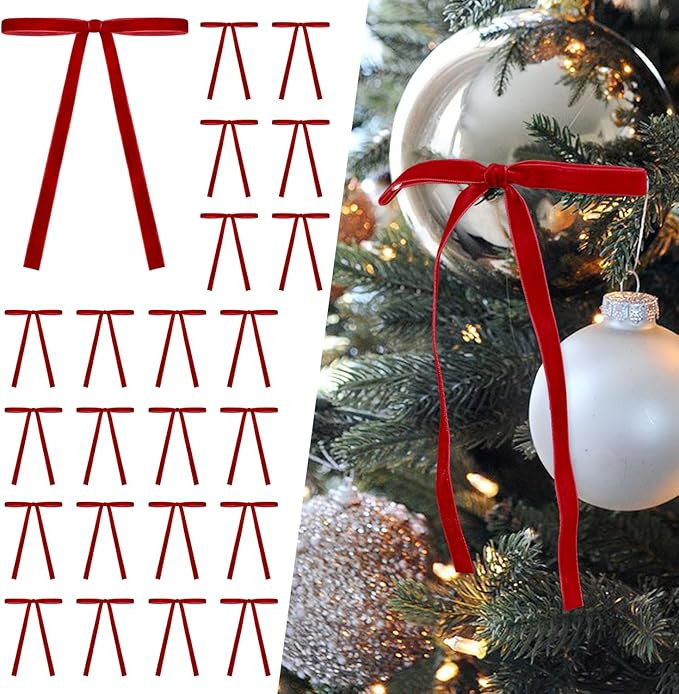 SIMISI RIBBON 24 Pcs Red Velvet Christmas Tree Bows Door Garland Decor Vintage Wreath Bow (3/8'' ... | Amazon (US)