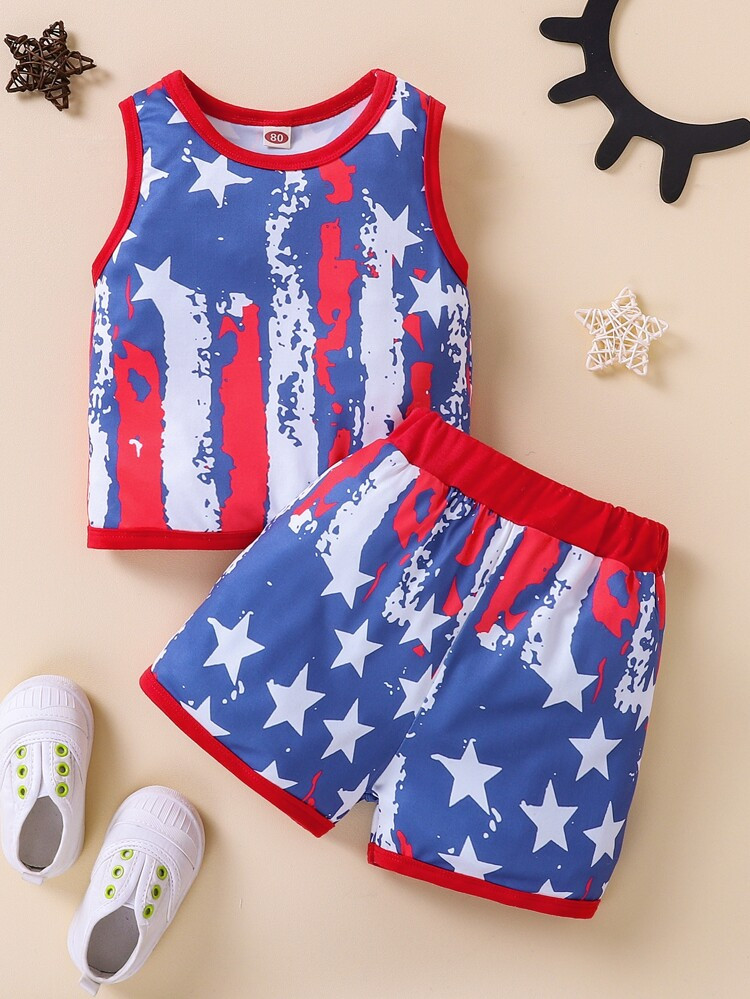 Baby Star Print Contrast Binding Tank Top & Shorts | SHEIN