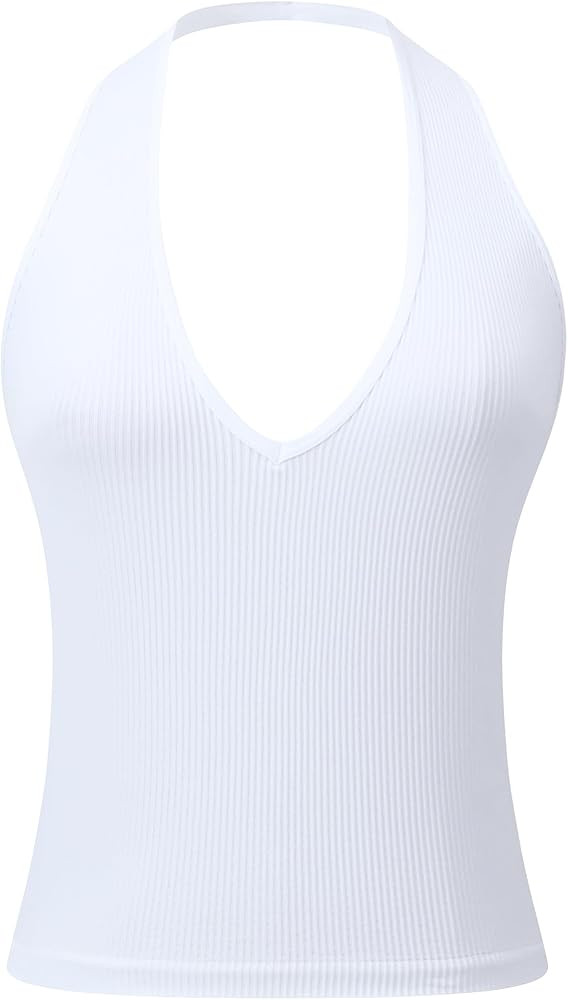 Attifall Ribbed Halter Crop Top for Woman Backless Sleeveless Seamless Sexy Tank Tops Pack | Amazon (US)