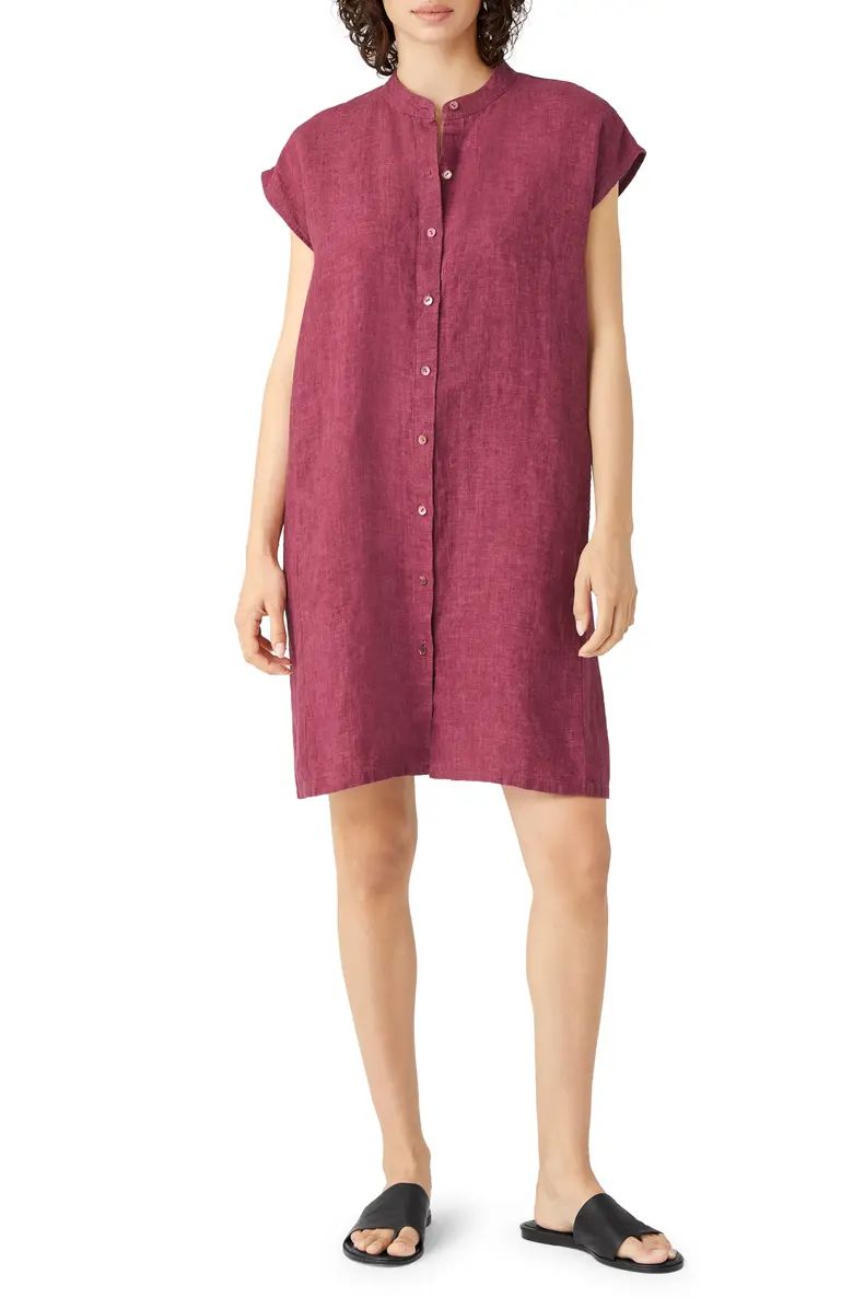 Eileen Fisher Mandarin Collar Cap Sleeve Organic Linen Shirtdress | Nordstrom | Nordstrom