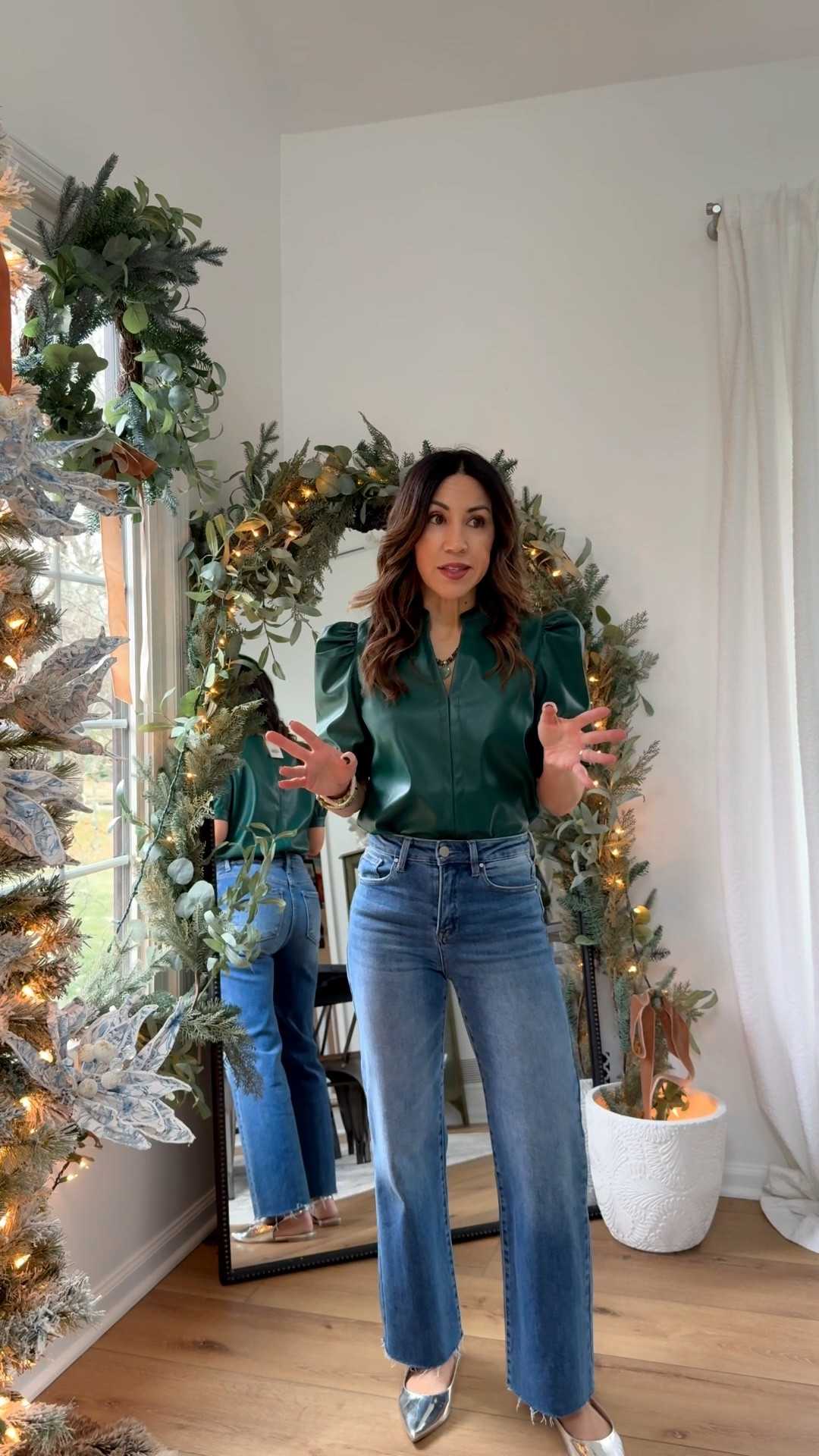 Jewelry code houseofleo30. Social Threads code cyber25. Small green faux leather top. Jeans, 25, silver shoes, TTS, holiday outfit.

#LTKHoliday #LTKSaleAlert #LTKFindsUnder100