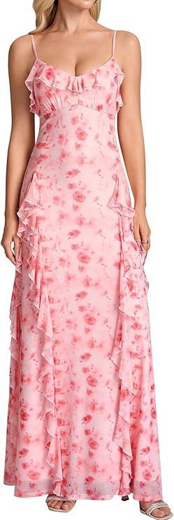 Parthea Summer Floral Ruffle V Neck Maxi Dress Spaghetti Strap Bodycon Elegant Cocktail Party Wed... | Amazon (US)