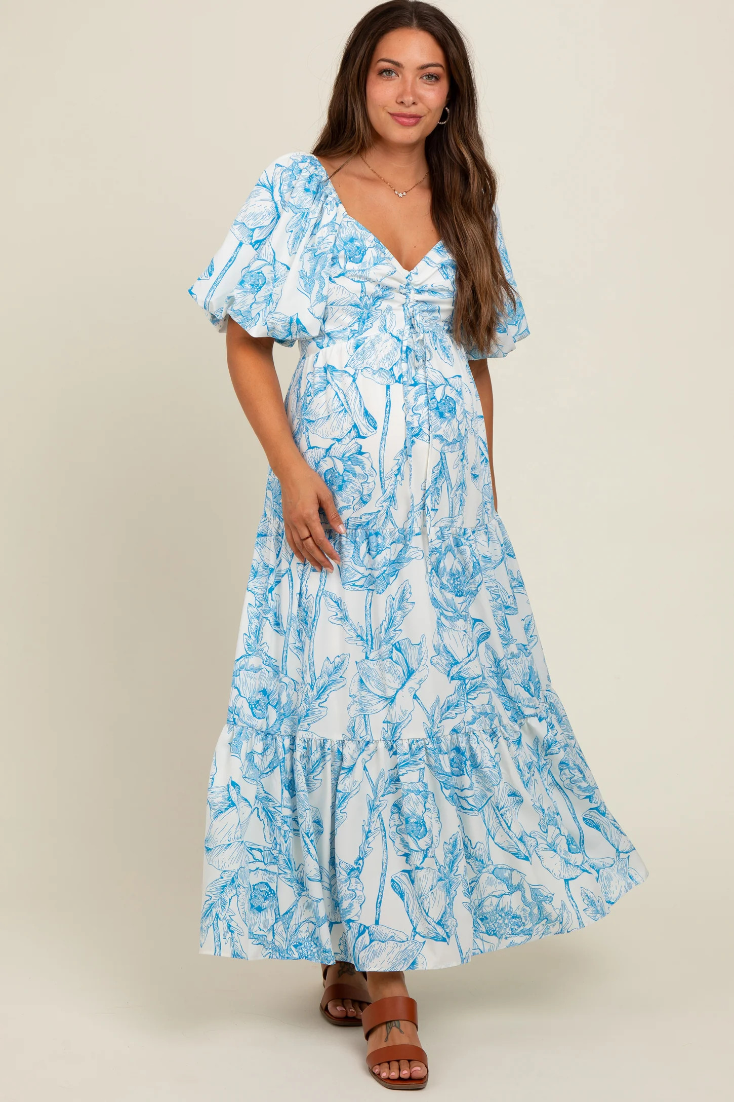 Blue Floral Cinched Tie Maternity Maxi Dress | PinkBlush Maternity