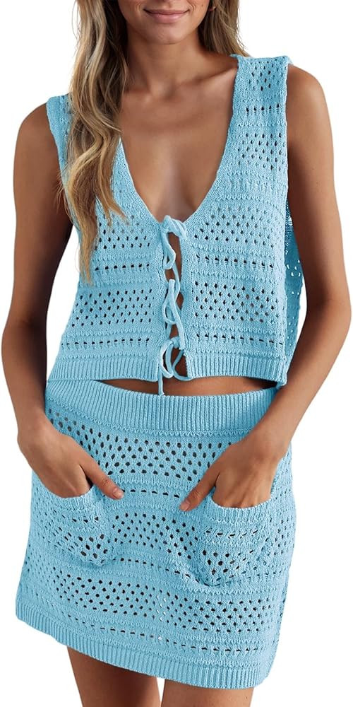 Saodimallsu Womens Crochet Swim Cover Up 2 Piece V Neck Sleeveless Front Tie Crop Tops Beach Mini... | Amazon (US)