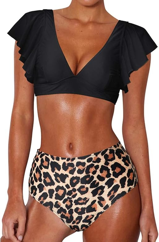 Women Ruffle Bikini Push Up Swimsuit High Waisted Bottom V Neck 2 Pieces | Amazon (US)