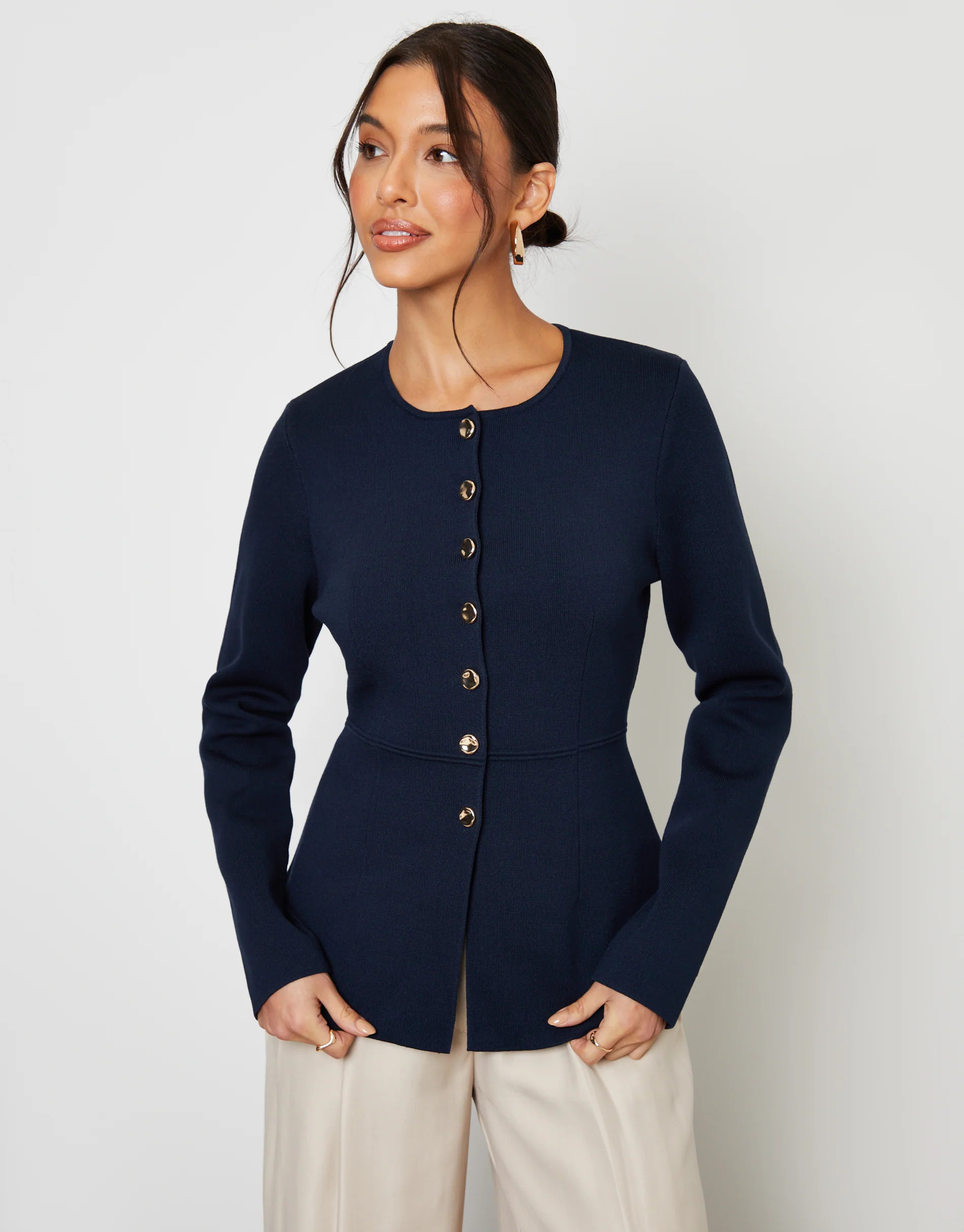 Navy Cinched Knitted Button Up Cardigan | Threadbare