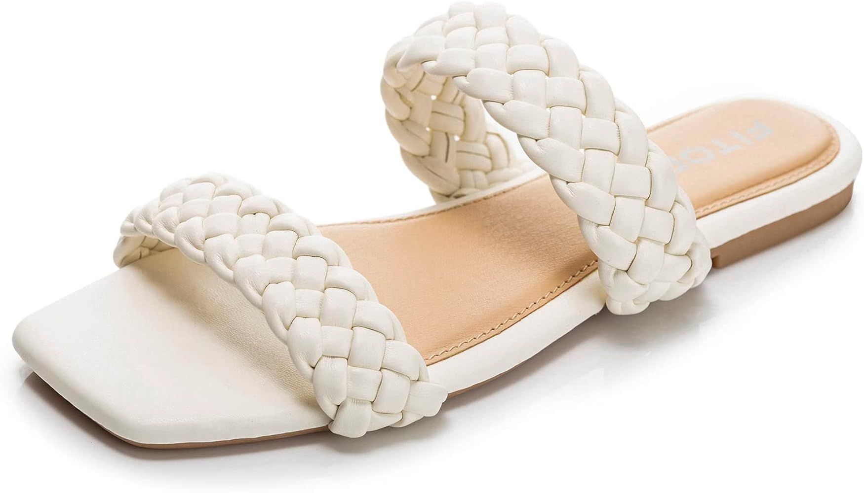 FITORY Womens Flat Sandals Fashion Round Open Toe Slip On Slides with Braided Strap Slippers for Sum | Amazon (US)
