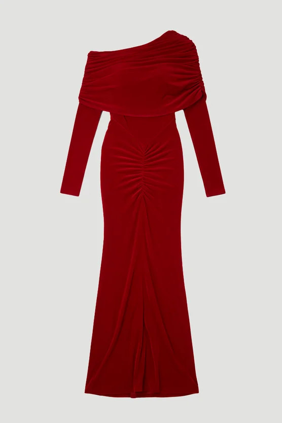 Plus Size Drapey Crepe Off The Shoulder Ruched Detail Fishtail Maxi Dress | Karen Millen UK + IE + DE + NL