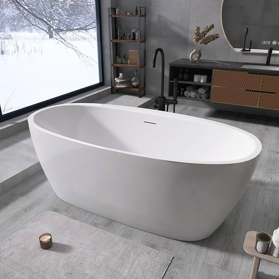 59" Acrylic Freestanding Bathtub, Tap Deck Bathtub, Stand Alone Tub, Soaking Tub with Integrated ... | Amazon (US)