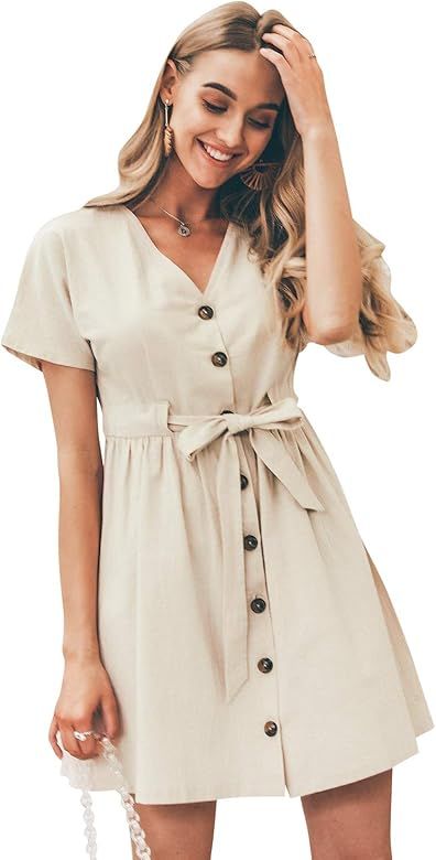 Simplee Women's V Neck Short Sleeve Dress Button Down Mini Dress with Tie Belt | Amazon (US)