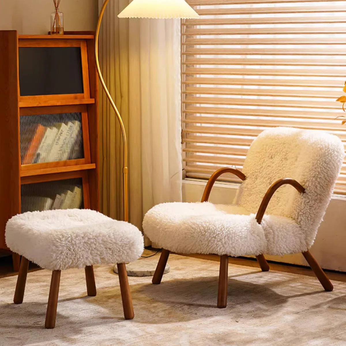 Beige Lambswool Solid Wood Lazy Lounge Chair | Wayfair North America