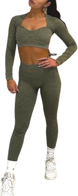 Workout Sets for Women 2 Piece Seamless Crop Tops High Waist Leggings | Amazon (US)
