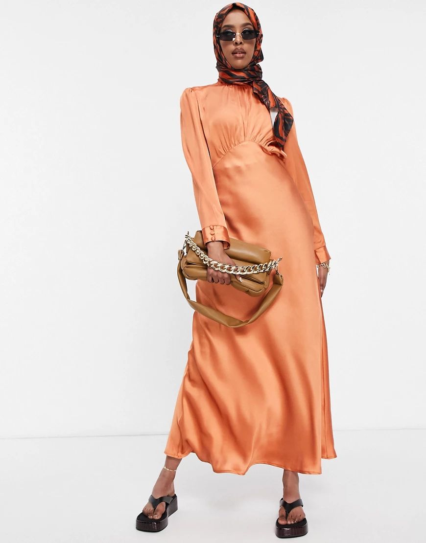 ASOS DESIGN high neck maxi satin tea dress in rust-Red | ASOS (Global)