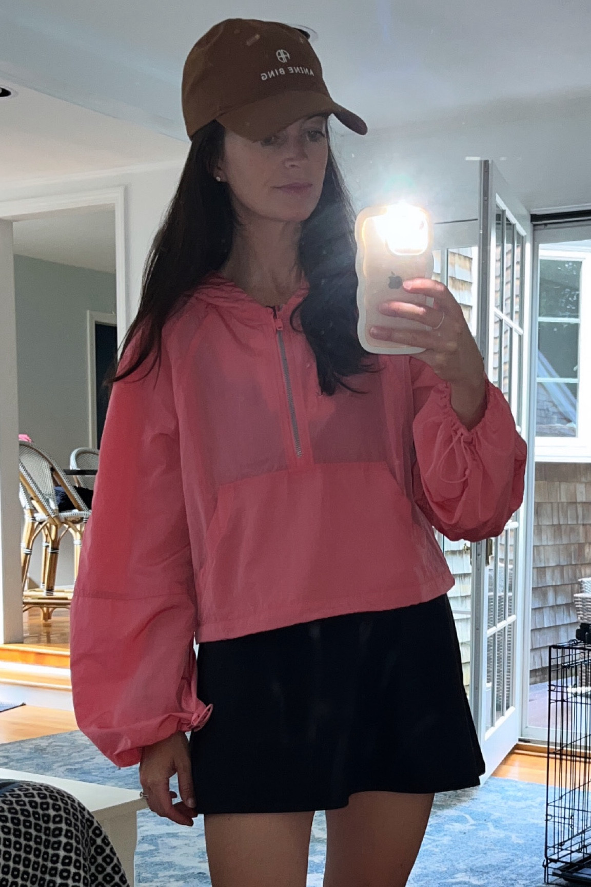 Obsessed with this water-repellent anorak… 
The color is gorgeous 🤍

So lightweight making it the perfect option for warmer rainy days…

Wearing my favorite exercise dress also 🖤