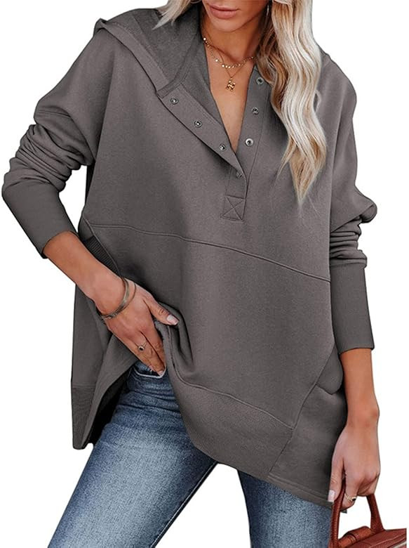 PAODIKUAI Women Casual Button Hoodies Oversized V Neck Long Sleeve Pullover Sweatshirt Hooded Top... | Amazon (US)