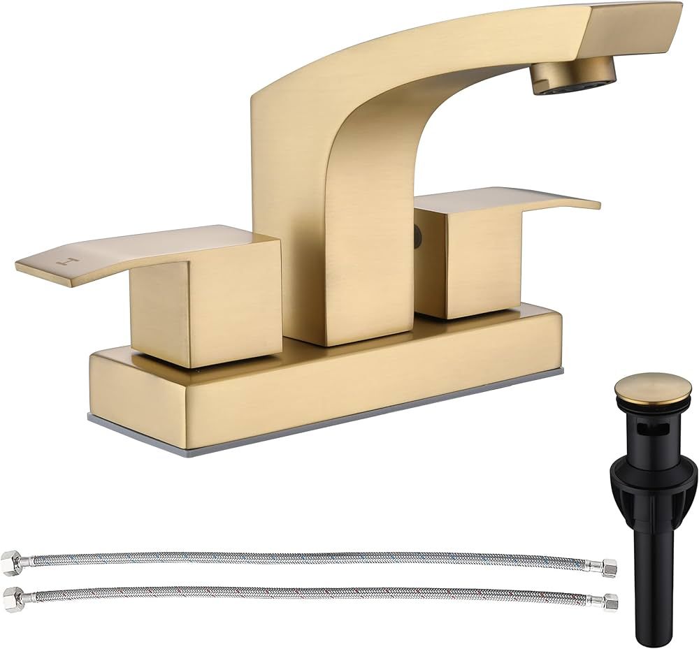 Gold Bathroom Sink Faucet Centerset, Stainless Steel Brushed Gold Faucet for Bathroom Sink with P... | Amazon (US)