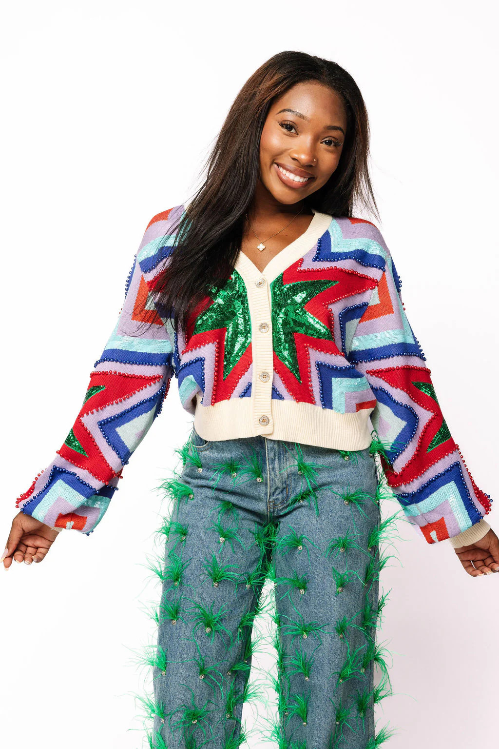 Cream, Red, Green, Blue & Purple Starburst Cardigan | Queen of Sparkles