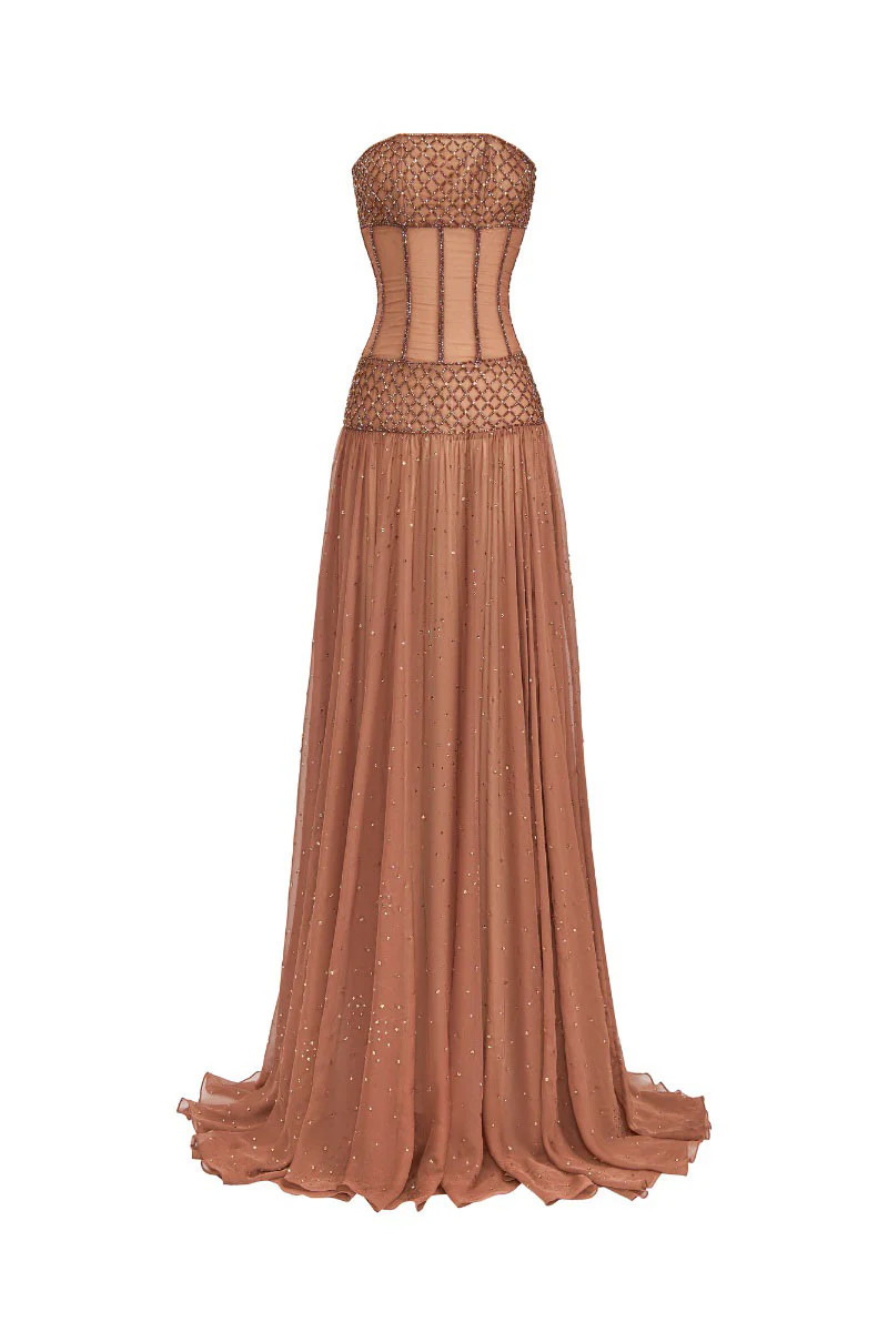 BROWN STRAPLESS CHIFFON MAXI DRESS | CEM | CULT MIA | CULT MIA UK LTD