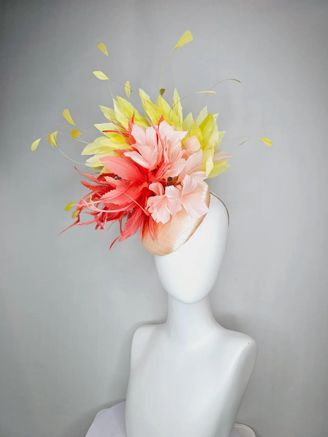 kentucky derby hat fascinator colorful champagne beige satin with netting fluffy coral orange cha... | Etsy (US)