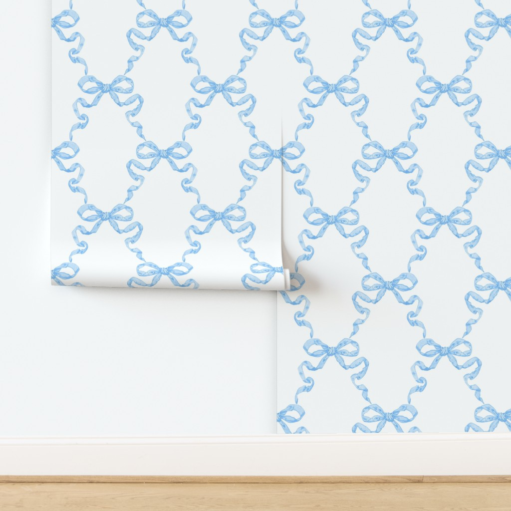 Large Hannah Ribbon Trellis Cerulean on White Wallpaper | Spoonflower | Spoonflower