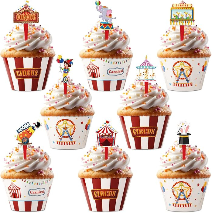 48 Pack Circus Cupcake Toppers and Wrappers, Carnival Party Cake Decoration for Carnival Theme Bi... | Amazon (US)
