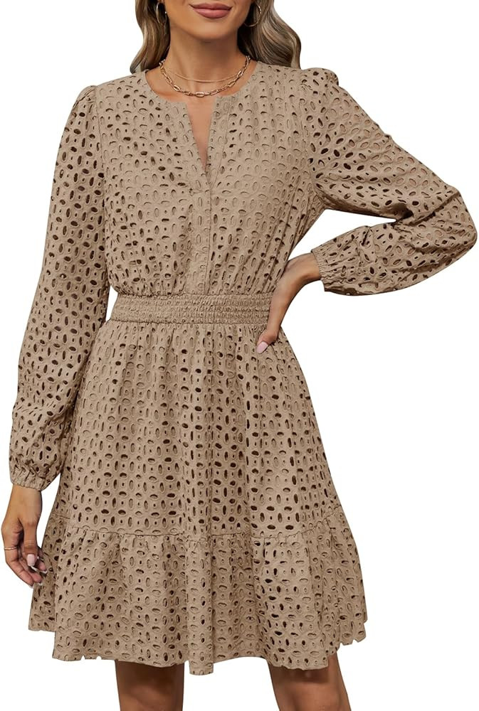 ZESICA Women's 2024 Long Sleeve Mini Dress Fall V Neck Hollow Out Eyelet Embroidery Ruffle A Line... | Amazon (US)