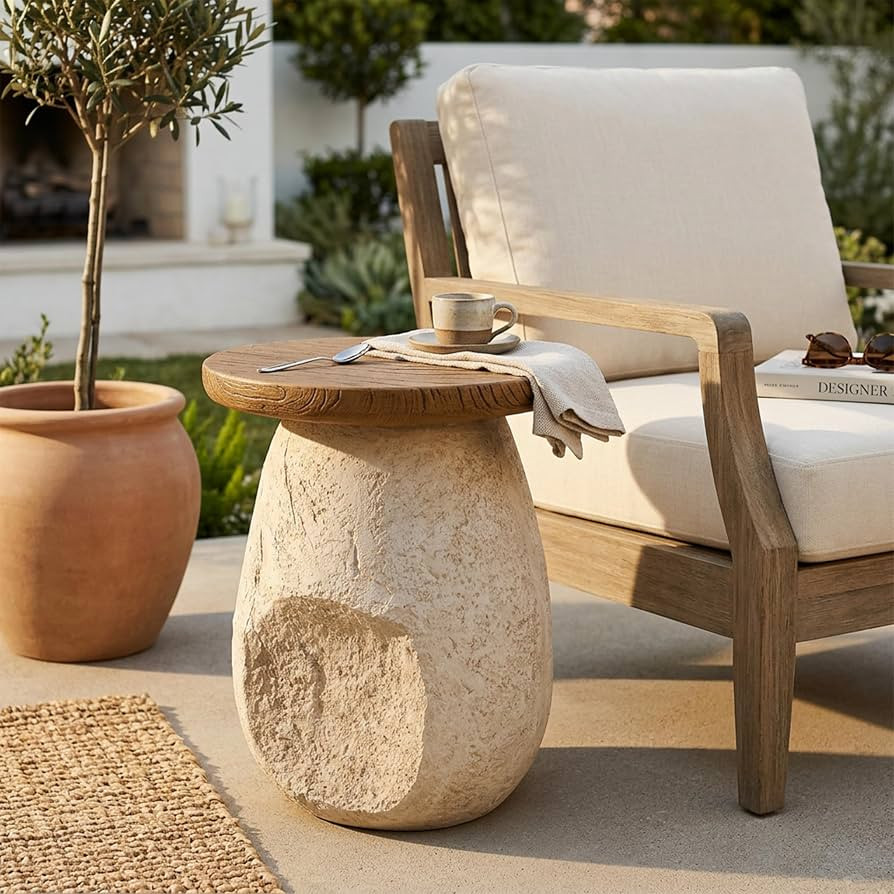 Nerissa Outdoor Patio MGO Side Table, Organic Pear-Shaped Accent End Table with Faux Wood Grain T... | Amazon (US)