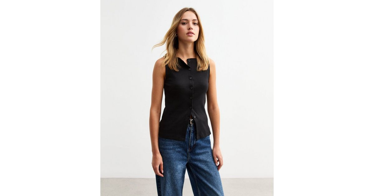 Black Ribbed Button Front Tank Top | New Look | New Look (UK)