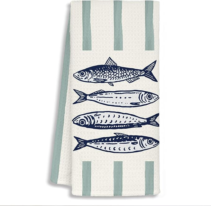 Coastal Kitchen Towels, Sardine Decor Dish Tea Towels for Kitchen, Green Striped Nautical Coastal... | Amazon (US)