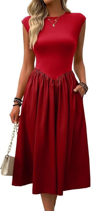 Imily Bela Womens Casual Cap Sleeve Midi Dress Crewneck Swing Flowy Empire Waist Long Dress 2025 ... | Amazon (US)