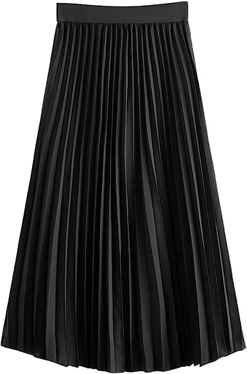 Romwe Women's Elastic High Waisted Pleated A Line Swing Flowy Chiffon Midi Skirt | Amazon (US)