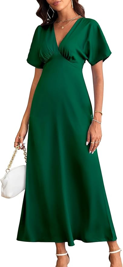 Women's 2024 Satin Dress Elegant Deep V Neck Flutter Sleeve A-Line Gown Cocktail Party Maxi Dress... | Amazon (US)