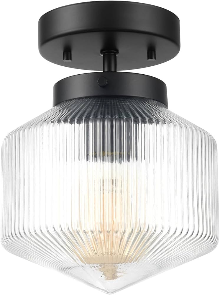 Globe Electric 66000078 1-Light Flush Mount Ceiling Light, Matte Black, Ribbed Glass Shade, Ceili... | Amazon (US)