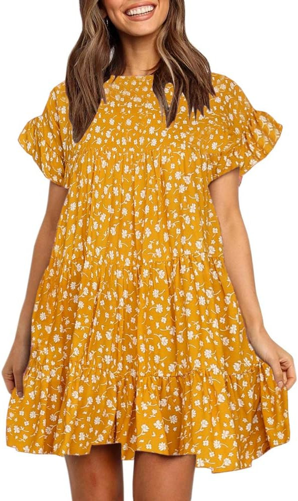 Imysty Womens Boho Floral Printed Babydoll Ruffles Casual Loose Short Mini T-Shirt Dress | Amazon (US)
