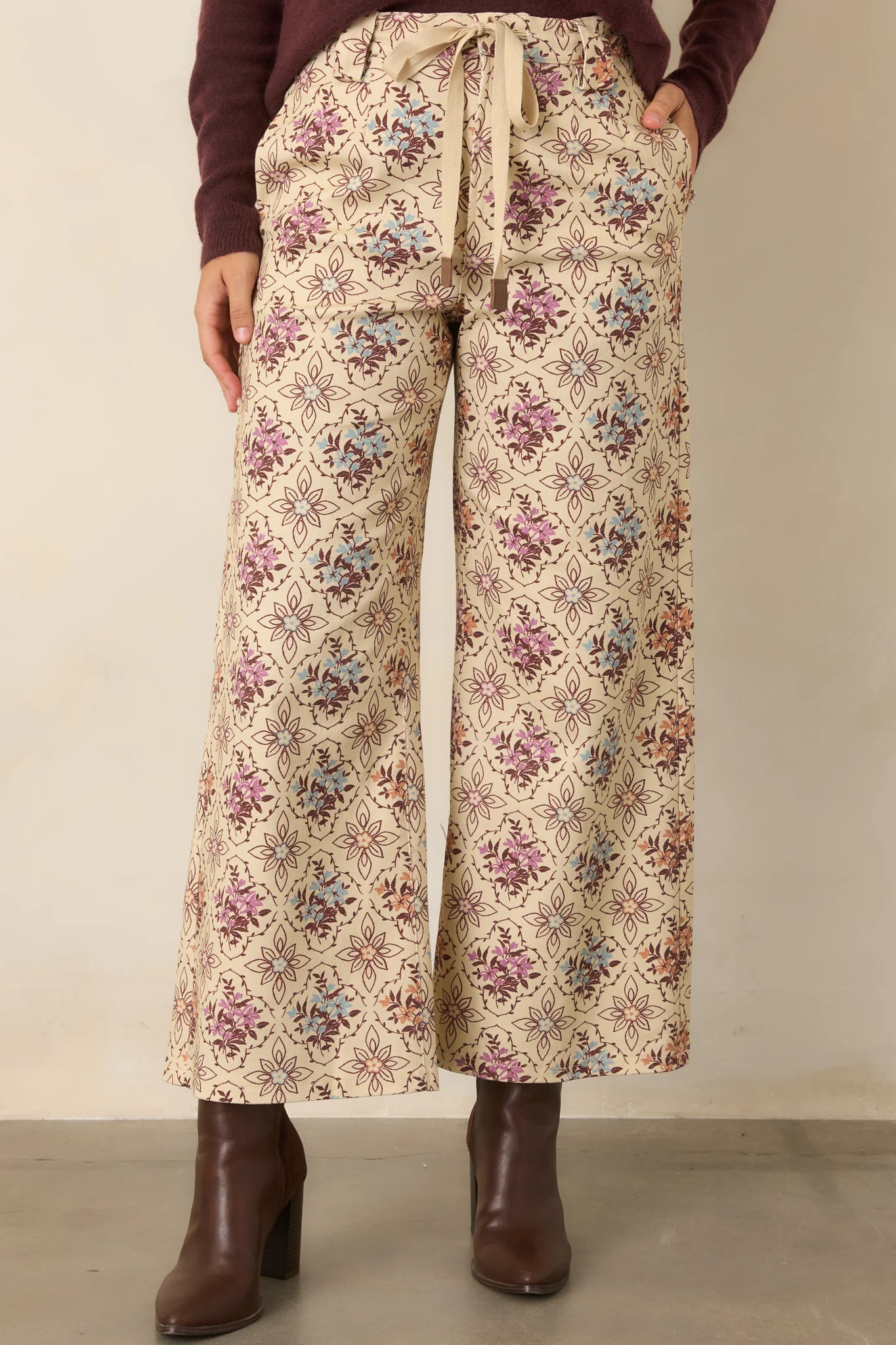 Aim High Ecru Multi Floral Cotton Cropped Wide Leg Pants | Red Dress