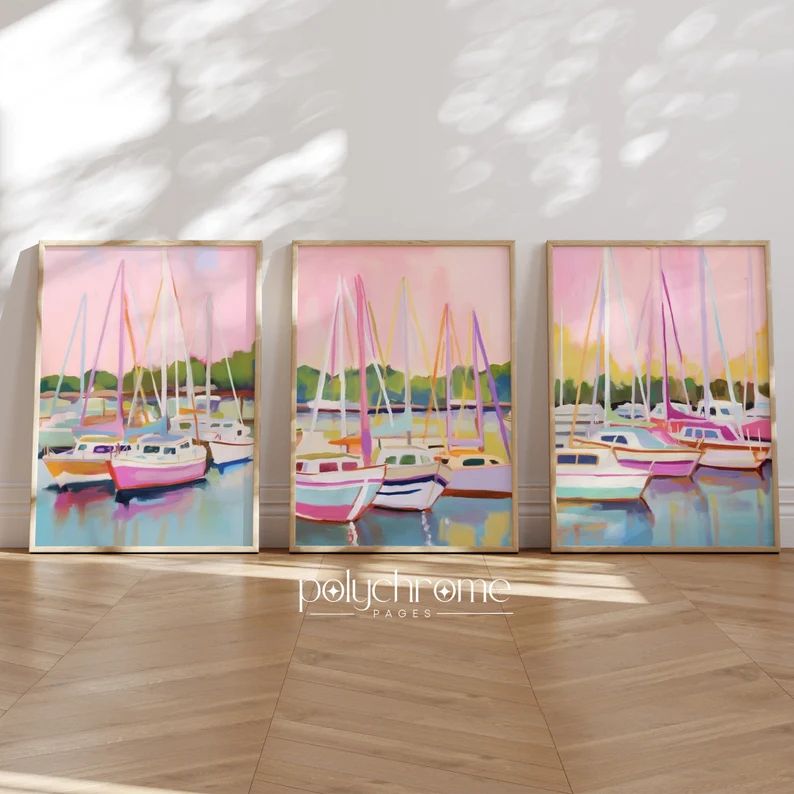 Boat Sailboats in Harbor Marina, Coastal Lake House Landscape in Pastel Pink and Blue Nautical Wa... | Etsy (US)