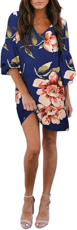 BELONGSCI Women's Dress Sweet & Cute V-Neck Bell Sleeve Shift Dress Mini Dress | Amazon (US)